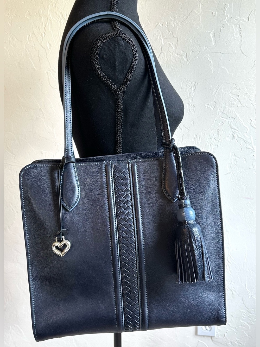 Ferrara by Brighton Navy Italian Leather Large Classic Chic Tote Bag Tassel